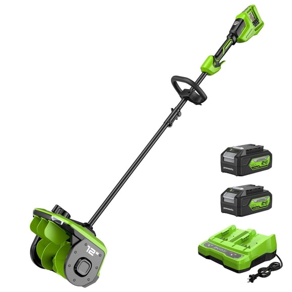 Greenworks 2X24V (48V) 12" Brushless Snow Shovel, (2) 4.0Ah Non-USB Batteries and 4A Dual Port Rapid Charger included