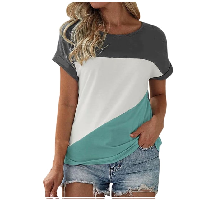 AherBiu T-Shirts pour Femmes à Col Rond à Manches Courtes Hauts Coupe Ample Confortables en Coton Extensible T-Shirts Décontractés à Blocs de Couleur