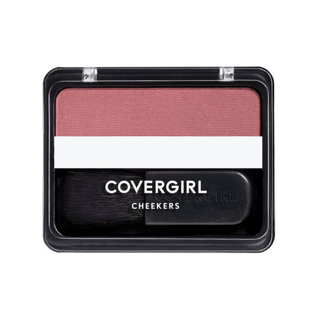 COVERGIRL Cheekers Blush in a rectangular black compact with clear lid, featuring soft pink powder blush and small black brush, lightweight and dermatologically tested for natural, long-lasting cheek color, ideal for easy daily use.
