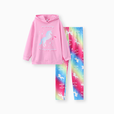 PatPat Girls 2 Pieces Outfit Set Pink Unicorn Hooded Sweatshirts and Leggings Set Sizes 4-12