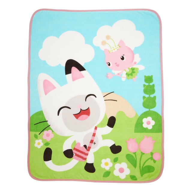 Gabby's Dollhouse "Flowery Fun" Throw featuring a colorful cartoon design with a large white cat character carrying a pink striped bag and a pink fairy cat with antennae flying above, set against a blue sky with clouds and green grassy hills with flowers, made of soft microfiber coral fleece, measuring 46 by 60 inches, suitable for kids' bedding and cozy naps.