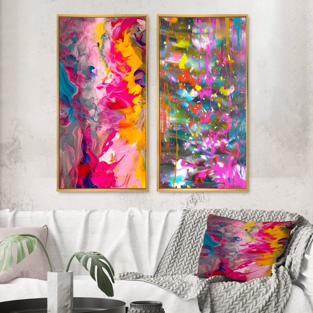 Designart "Retro Groove Summer Abstract Expressionism" Abstract Painting Framed Wall Art Set Of 2 - Modern Pink Framed Wall Art Set Of 2