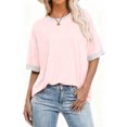 thumbnail image 3 of Staron Plus Size T-Shirts for Women Casual Patchwork Color Round Neck Short Sleeve Loose Comfy Basic Spring Summer Top, Pink 4XL, 3 of 4