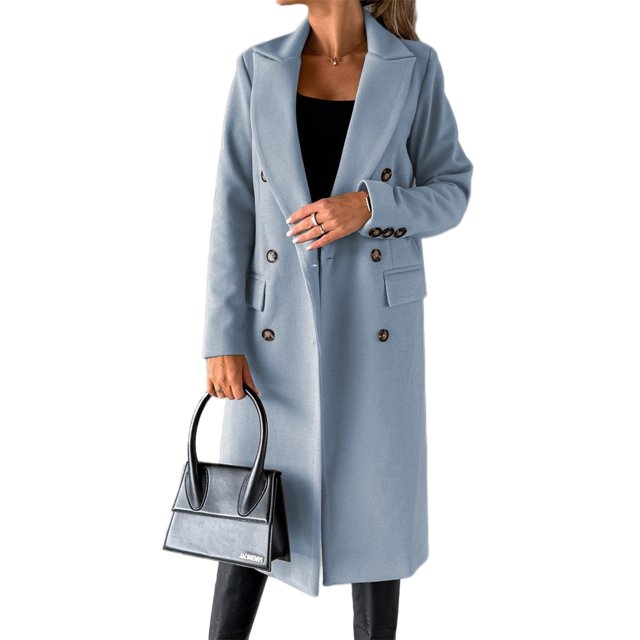 LUXUR Women Double-breasted Outwear Button Down Autumn Overcoats Sky Blue L