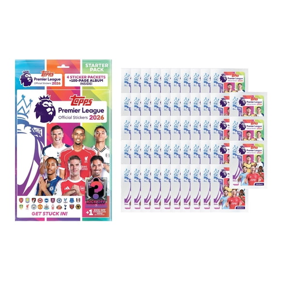 Autocollants Topps Premier League 2025-26 - Ensemble de 50 Paquets et Méga Trousse de Départ (Album + 349 Autocollants)