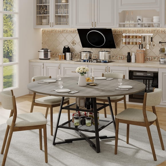 BeesClover Dining Room Round Table Set for 4-6, Circle Kitchen Dining Table with Metal Base, Wooden Round DiningTable, Wood Kitchen Tables with Storage Shelf(Without Chair)