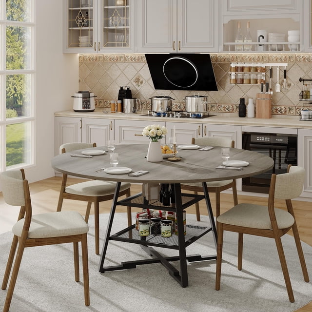 BeesClover Ensemble de Table Ronde de Salle à Manger pour 4-6, Table de Cuisine Ronde avec Base en Métal, Table de Salle à Manger Ronde en Bois, Tables de Cuisine en Bois avec Tablette de Rangement (Sans Chaise)