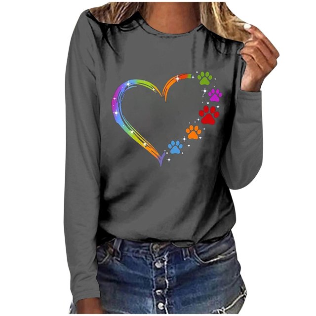 Pisexur Hauts d'Automne pour Femmes Mode Mignon Cœur Graphique Imprimé T-Shirt Hauts Col Rond Manches Longues Chemises pour Femmes Habillées Décontractées Sorties Hauts Confort Polyvalent Léger T-Shirts