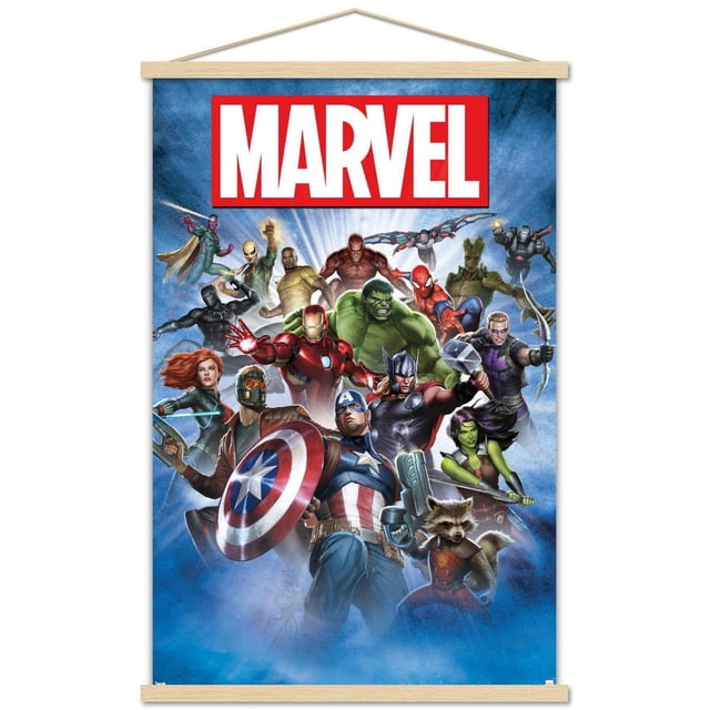 Marvel Comics - Affiche Murale Photo de Groupe, 22,375 Pouces x 34 Pouces, Présentant une Impression Brillante à Haute Résolution de Superhéros Marvel, Y Compris Captain America avec Bouclier, Iron Man, Hulk, Thor avec Marteau, Spider-Man, Black Widow, Star-Lord, Groot, Rocket Raton Laveur, Hawkeye avec Nœud, She-Hulk et War Machine, Posée de Façon Dynamique sur un Fond Bleu avec des Faisceaux de Lumière radiant et le logo Marvel Rouge et Blanc en Haut, Idéale pour la Déco Murale
