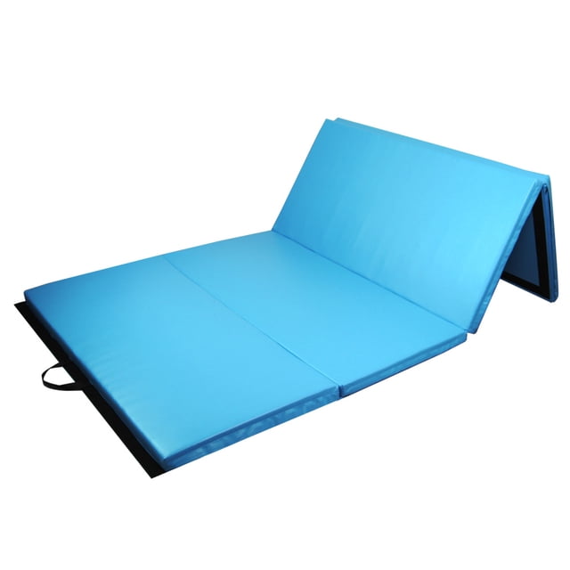 PRISP Gymnastics Mat 10' x 4' x 2", Folding Gym Mat for Tumbling, Exercise & Fitness. Made with a tear-resistant PU leather cover and 2-inch thick high-density foam padding for comfort and durability. Features four folding panels for compact storage, sewn-in carrying handles, and velcro connectors for attaching additional mats. Ideal for home gym setups, martial arts training, and floor exercises. Shown partially folded in a bright blue color.