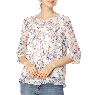 INSPIRE CHIC Hauts pour Femmes Manches 3/4 Ourlet à Volants Chemisier en Mousseline Florale Blouses TG Blanc