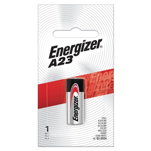 Energizer A23 Batteries 1 pack containing a single 12V miniature alkaline battery with a silver body, black top, and red and black Energizer logo, suitable for cameras, keyless entry, and garage door openers.