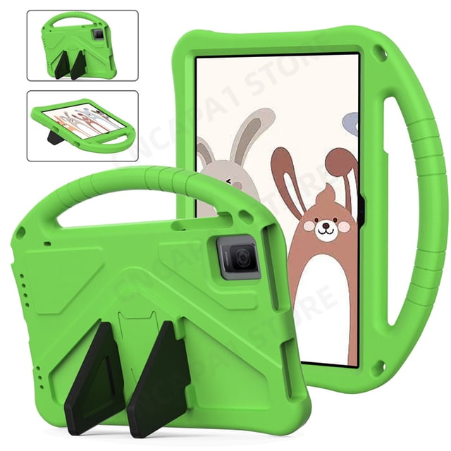 Portable Funda with rear kickstand for Acer Iconia Tab P10 case, designed for 10.4-inch tablet PCs. Made from durable green EVA foam, this shockproof and drop-resistant protective cover features a patchwork design, a built-in handle for easy carrying, and a rear kickstand for hands-free use. Suitable for kids' safety and compatible with Acer Iconia Tab P10. The case measures 10.36 inches in length and width.