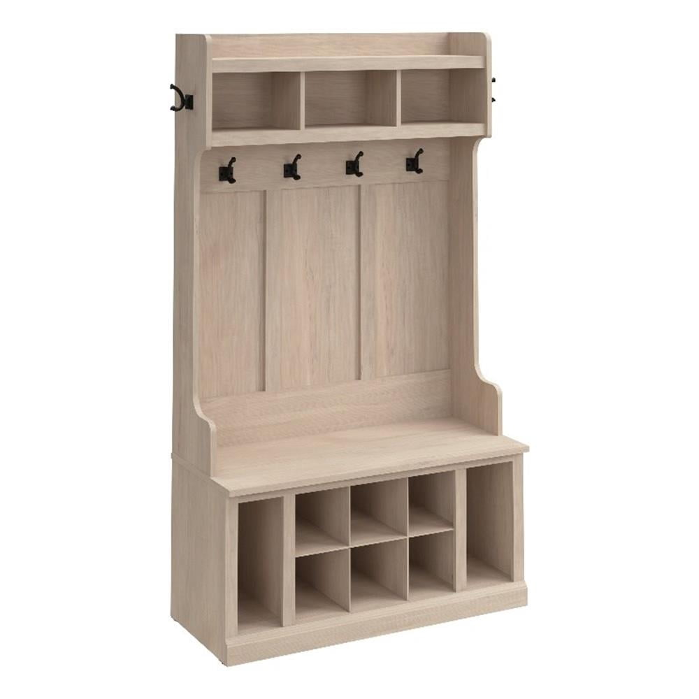 Woodland 40W Hall Tree & Shoe Bench w/ Shelves in White Maple - Engineered Wood