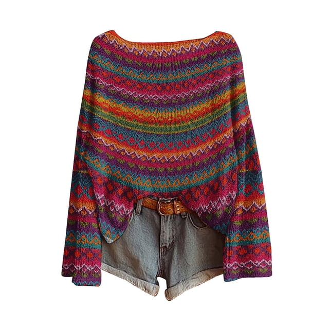 WTXUE Chandail Rétro Fair Isle Vintage pour Femmes à Imprimé Artistique, Chandail Léger Surdimensionné à Manches Longues, Col Rond, Chandail Mignon Vintage, Chandails d'Automne Décontractés Amples en Tricot, Tuniques, Rose Vif 3TG