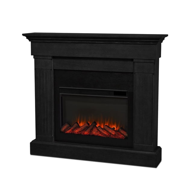 Crawford 48" Slim Electric Fireplace in black wood finish with fluted columns and 9.5-inch mantel depth, featuring a vivid flame electric firebox with glowing embers and orange flames, providing supplemental heat for rooms up to 1000 sq ft and suitable for smaller rooms or apartments.