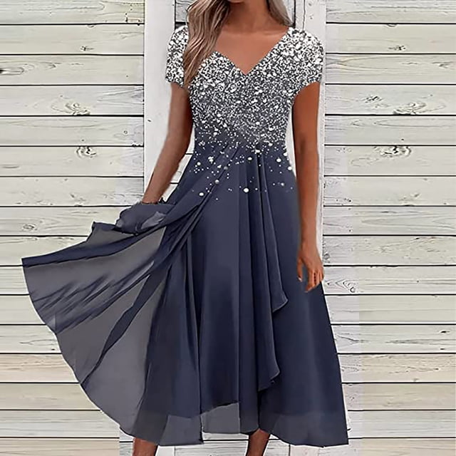 Lenago Robe d'Été Grande Taille pour Femmes Robes d'Été pour Femmes Imprimé Floral Manches Courtes Col en V Robe Plissée Fluide Robes de Plage de Fête en Solde