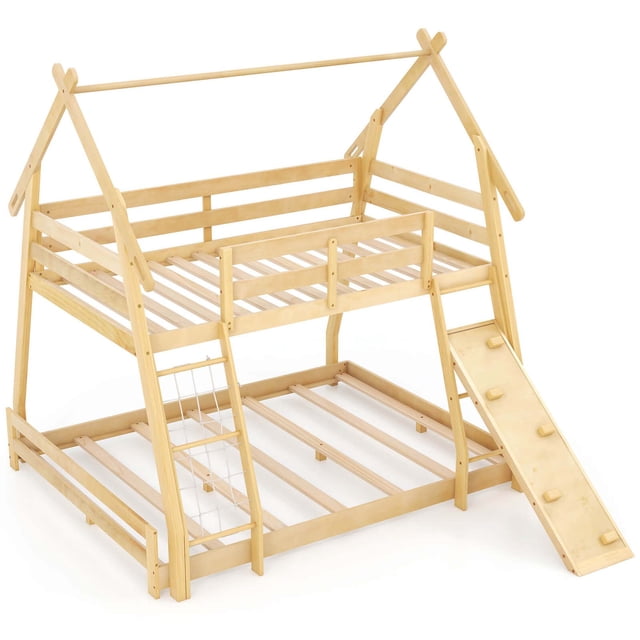 Costway Lit en Forme de Maison Simple sur Grand Bunk Bed avec Filets d'Escalade et Rampe, Fini Bois Naturel. le design Fantaisiste en Forme de Maison Présente une Couchette Supérieure Format Simple avec Garde-Corps Pleine Longueur et une Couchette Inférieure Format Grand. Comprend un Filet d'Escalade et une Rampe Inclinée pour Plus de Plaisir et un Accès Facile. Fabriqué en Pin Massif avec Coins Arrondis pour la Sécurité et la Durabilité. Idéal pour les Chambres d'Enfants, Alliant Fonctionnalité et Divertissement.