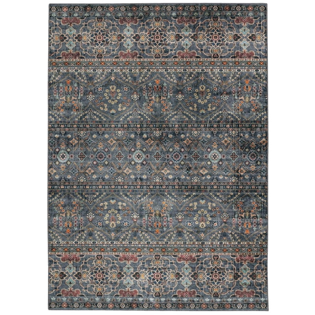 Tapis Présentant des motifs Floraux et Géométriques Traditionnels dans des Tons Bleu, Bourgogne, orange et Crème Atténués avec des Rangées Symétriques de motifs Complexes et des Bords Bordés, Convient comme Revêtement de Sol Décoratif.