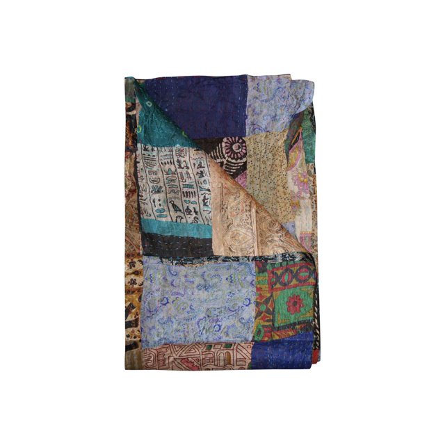KANTHA SILK THROW BLANKET 60"X90" folded showing colorful patchwork silk squares in blue, green, beige, and red with hand-stitched quilting, handcrafted in India from 100% silk, suitable as a throw, tapestry, or table cover.