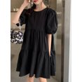 thumbnail image 3 of VONDA Women's O Neck Solid Color Summer Blouse Pleated Mini Dress, 3 of 3