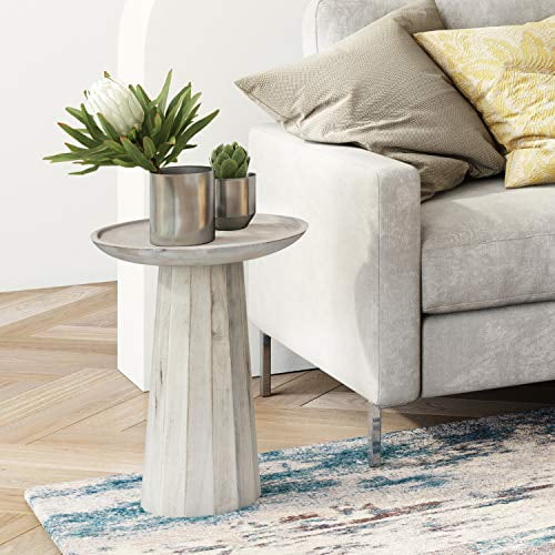 SIMPLIHOME Dayton SOLID MANGO WOOD 13 inch Wide Round Contemporary Wooden Accent Table in White Wash , Fully Assembled, for the Living Room and Bedroom