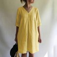 thumbnail image 4 of QIPOPIQ Robes pour Femmes Robe Fumée à Volants Manches Courtes Robe Décontractée Ample Robe d'Été Col en V Robe Unie 2023 Offres, 4 of 9