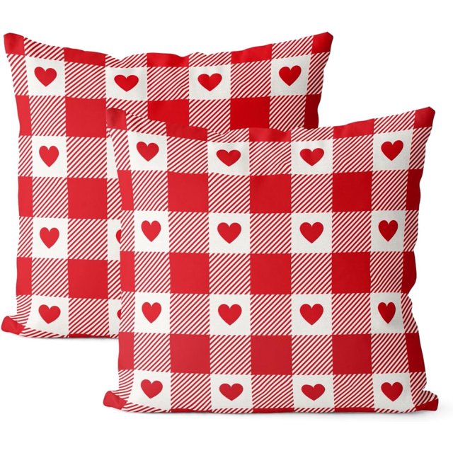 Housses de Coussin de la Saint-Valentin 20x20, Ensemble de 2, Carreaux Rouges Cœur d'Amour, Coussins Décoratifs de la Saint-Valentin, Décor de la Saint-Valentin, Taie d'Oreiller Carrée en Lin, Taie Décorative d'Anniversaire pour l'Extérieur, Housse de Coussin pour Sofa Canapé