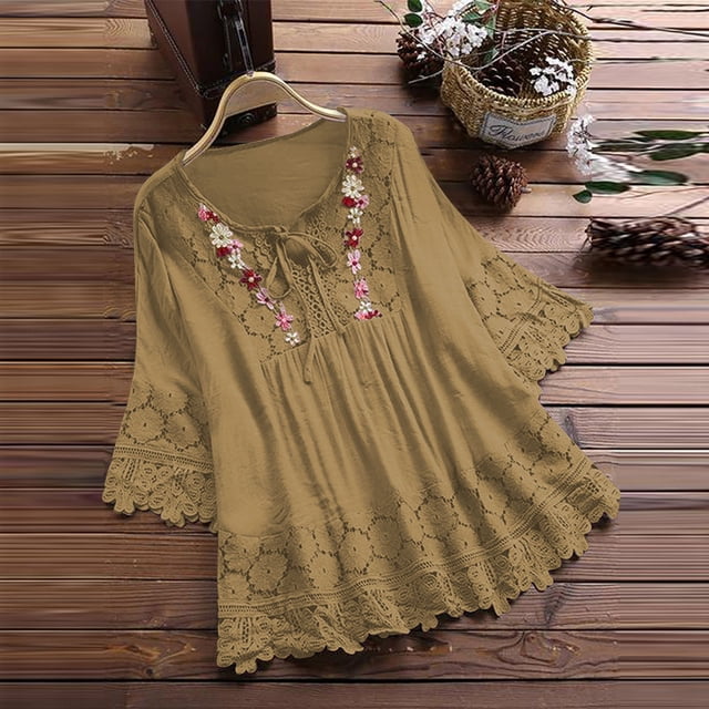 Soki 3/4 Length Sleeve Womens Boho Tops Cotton Linen Embroidered Shirts Plus Size Flowy Lace Tunic Peasant Blouses