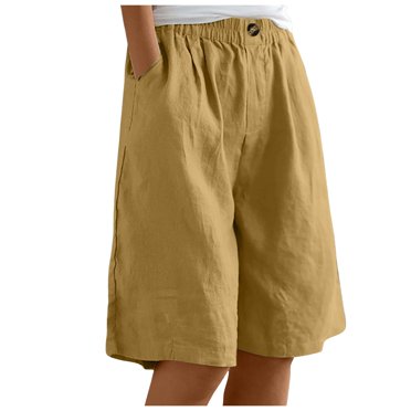 Women's Casual Elastic High Waist Wide Leg Shorts with Pockets Comfortable Button Down Summer Half Pants