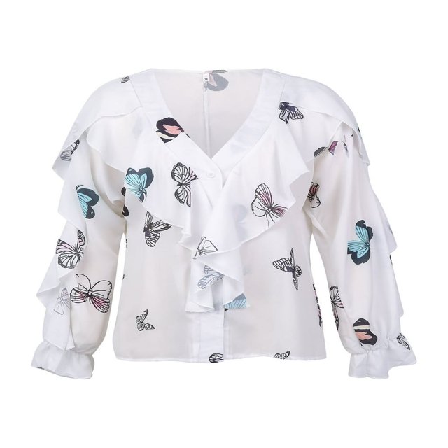 AMERTEER Summer Women Button-down Ruffle Shirt V-neck Long Sleeve Blouse