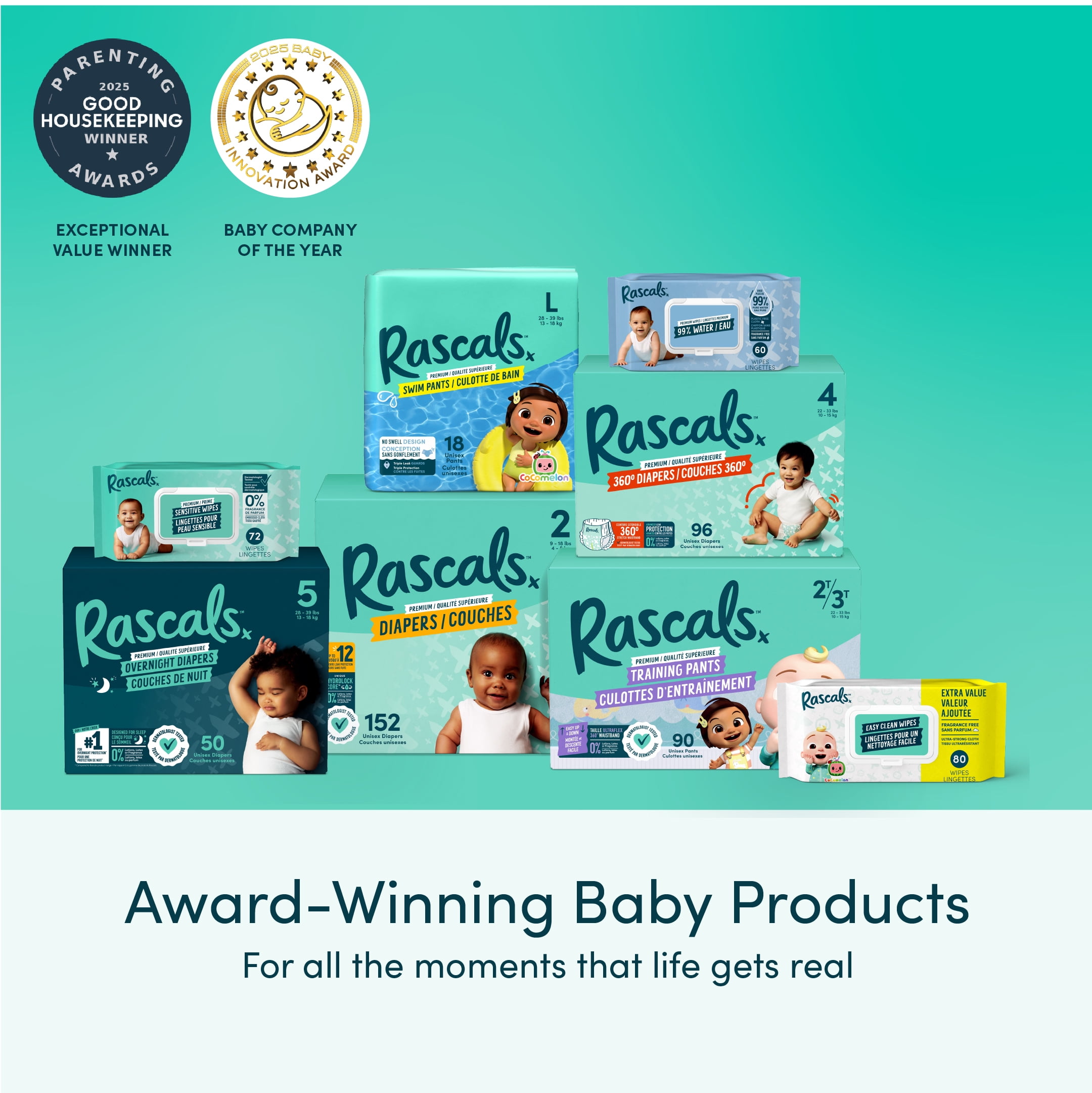 Lingettes pour bébé Rascals 99 % eau, 180 unités