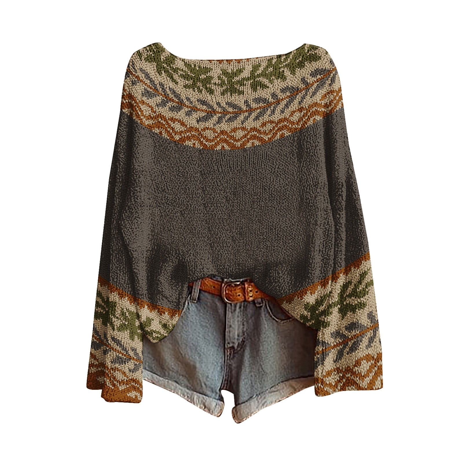 WTXUE Chandail Fair Isle pour Femmes, Tricot Boho, Chandails Rétro Hiver Automne, Décontracté, Ample, Col Rond, Manches Longues, Léger, Imprimé Artistique, Chandail Vintage, Hauts, T-Shirts Basiques, Couche Chaude d'Hiver, Haut Gris Foncé 3TG
