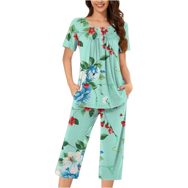 Rbaofujie Pyjama à Boutons pour Femmes Femmes Décontracté Boutons Col Rond Manches Courtes Blouse Mode Poches Pantalon Ensemble de Pyjama Filles Chemises de Nuit