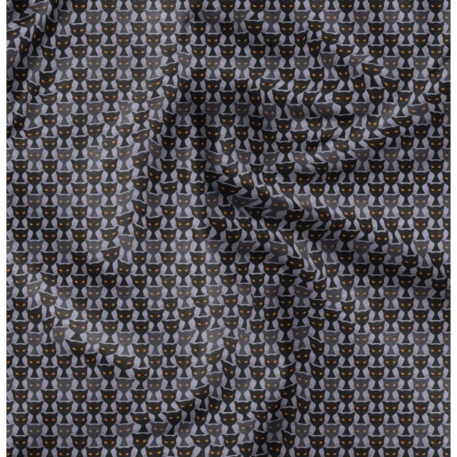 Soimoi Grey polyester Crepe Fabric Cat Animal Print Fabric by Yard 52 Inch Wide