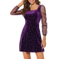 thumbnail image 1 of INSPIRE CHIC Robe en Velours pour Femme Col Carré Manches Bouffantes en Maille Imprimé Étoile Robe de Soirée Bal Violet TG, 1 of 5