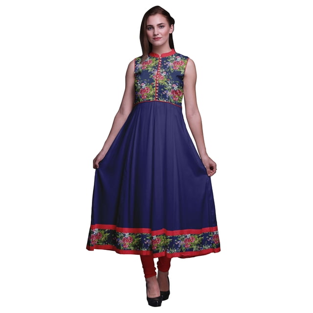 Bimba Robe Anarkali Florale Navy Blue3 pour Femmes, Kurti Imprimée Ethnique Indienne, Longue Kurta, Robe de Soirée, XX-Grand