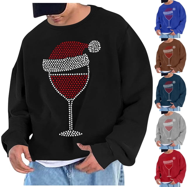 UVEASISHA Chandails de Mode pour Hommes de Noël, Imprimé de Verre de Vin, Col Rond, Chandail à Enfiler, Hauts Surdimensionnés Décontractés, Chandail Graphique de Noël, Soldes de Liquidation, Rouge 2TG