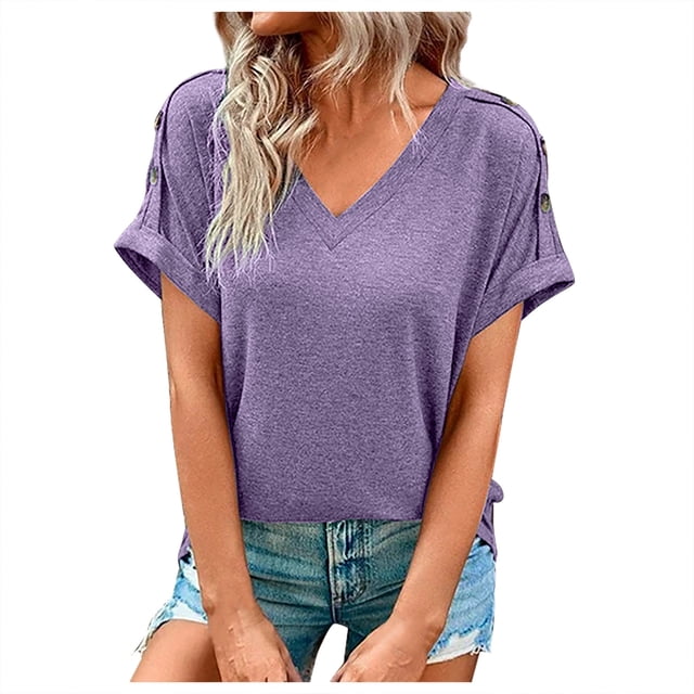 Timegard Tops for Women V Neck Short Sleeve Button Comfy Summer Casual Loose Tops Tee Solid Color