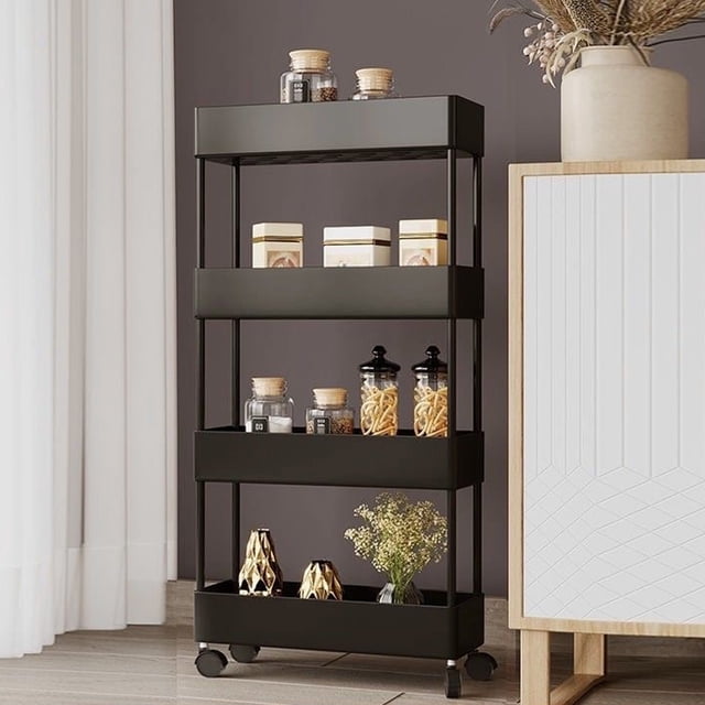 Slim Rolling Storage Organizer with 4 Tiers, Waterproof Plastic, Mobile Laundry Room Bathroom Kitchen Shelving Unit for Narrow Spaces