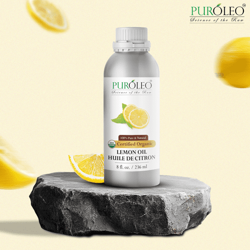 PUROLEO Organic Certified USDA Lemon Essential Oil 8 Fl Oz/236 ML (Packed in Canada) – 100% Natural & Cold-Pressed, Ideal for Aromatherapy, Skin, Hair, Diffuser, Cleaning & Mood Boosting