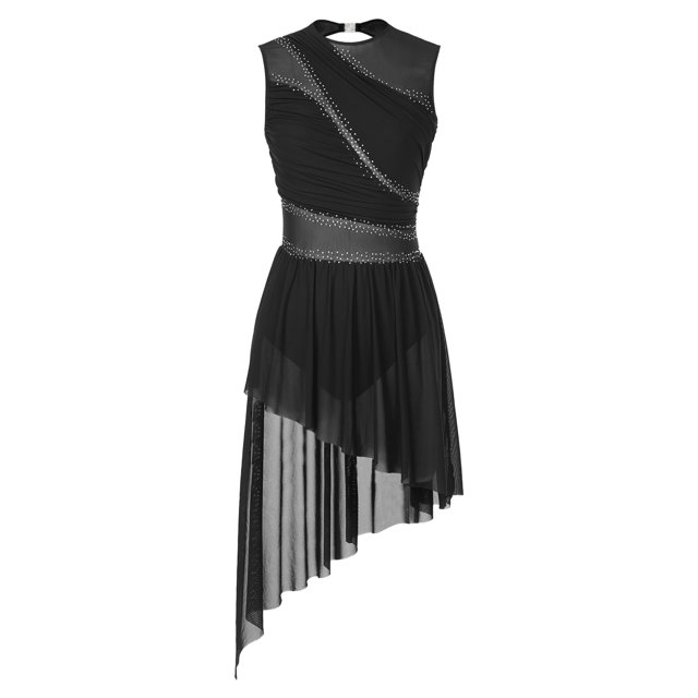RUNQHUI Costume de Danse Lyrique pour Femmes Robe de Patinage Sans Manches en Chiffon Fluide Noir TG
