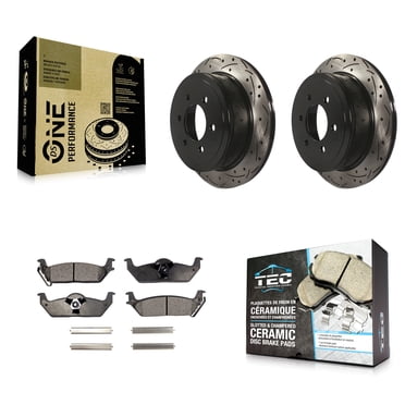 Transit Auto Rear Coated Drilled Slotted Disc Brake Rotors and Ceramic Pads Kit for Car Ford F-150 Lincoln Mark LT KDT-100445