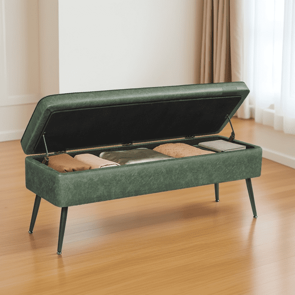 LEDREM Storage Ottoman Bench , 15 Gal Entryway Bedroom Bench with Safety Hinges, Synthetic Leather Upholstery, 660 lb Capacity, Forest Green