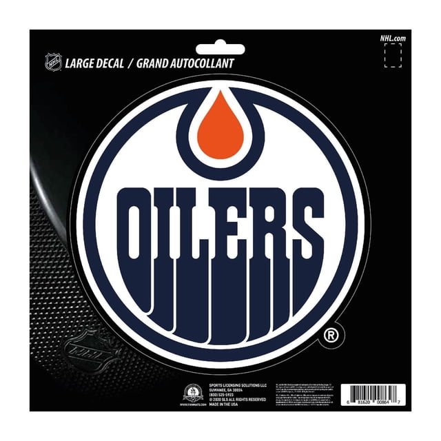 NHL - Edmonton Oilers Large Decal 8” x 8” showing a die-cut vinyl decal of the Edmonton Oilers logo in navy blue and orange with UV resistant lamination, suitable for cars, coolers, and lockers.