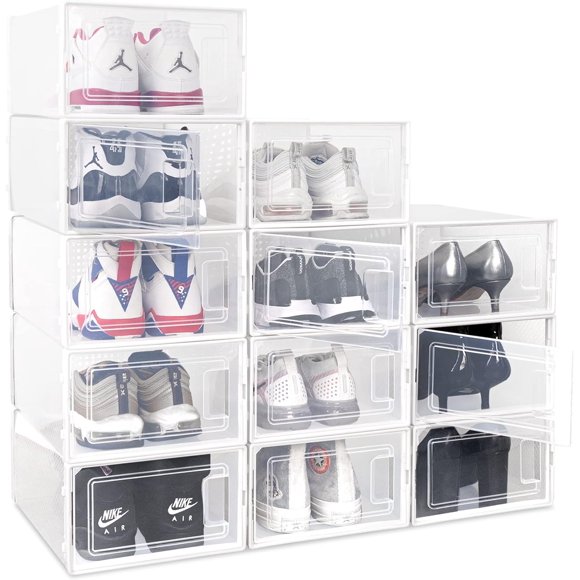 Ollie Drop Front Soft Plastic Shoe Box - Fits Up to Size 13 Mens - Storage Box Organizer, Shoe Organizers and Storage (Clear- Medium, Pack of 12)