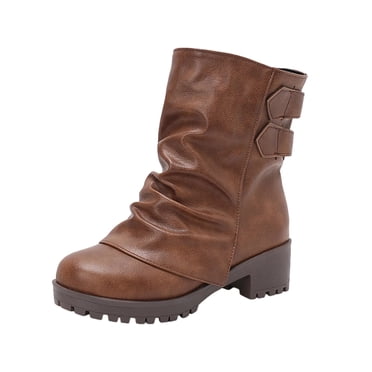 LOVZFMLL Boots for Women Mid Calf Stovepipe Boots Round Toe Slip Resistant Low Chunky Heel Punk Style Fall Winter Shoes