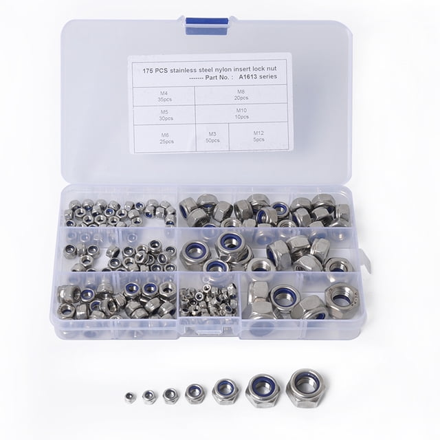 175pcs/set M3-M12 stainless steel lock nut assortment with self-locking nylon inserts, displayed in a transparent plastic storage box with labeled compartments. The set includes various sizes (M3 to M12) of 304 stainless steel nuts, resistant to corrosion and loosening. The box allows for easy inventory management and is suitable for hardware and automotive applications.