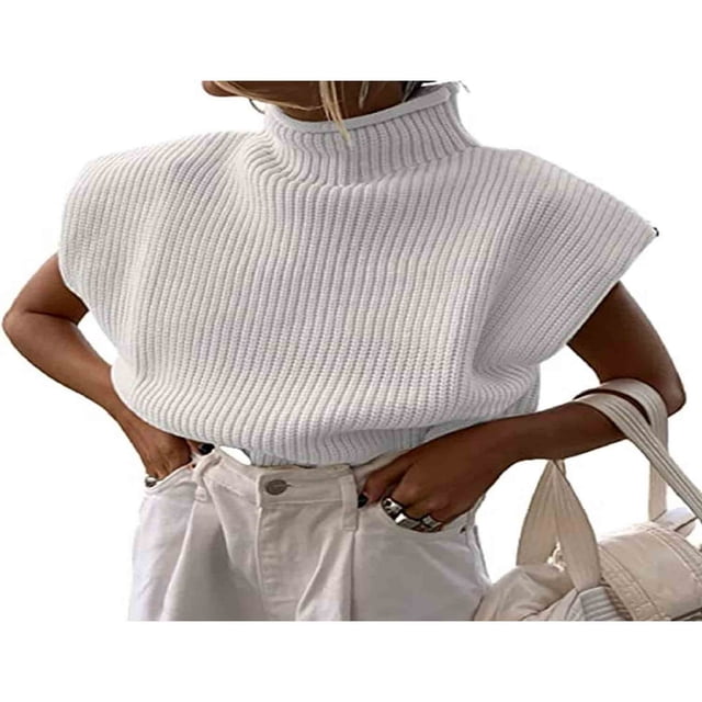 Femmes Épaulette Pull Haut Col Roulé Sans Manches Pull Gilet Large Épaule Tricoté Pull Haut