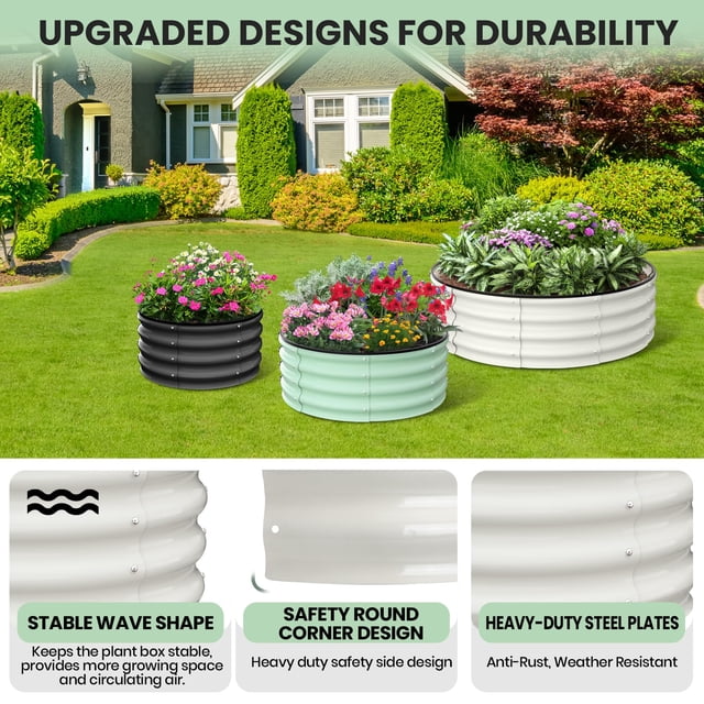 Kojooin Round Galvanized Raised Garden Bed - 2FT/3FT/4FT Sizes - Outdoor Flower & Vegetable Bed - Heavy - Duty & Open - Bottom Design